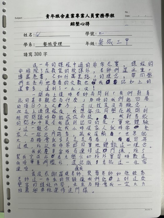 112 青年旅舍產業專業人員實務學程詹○在同學圖片